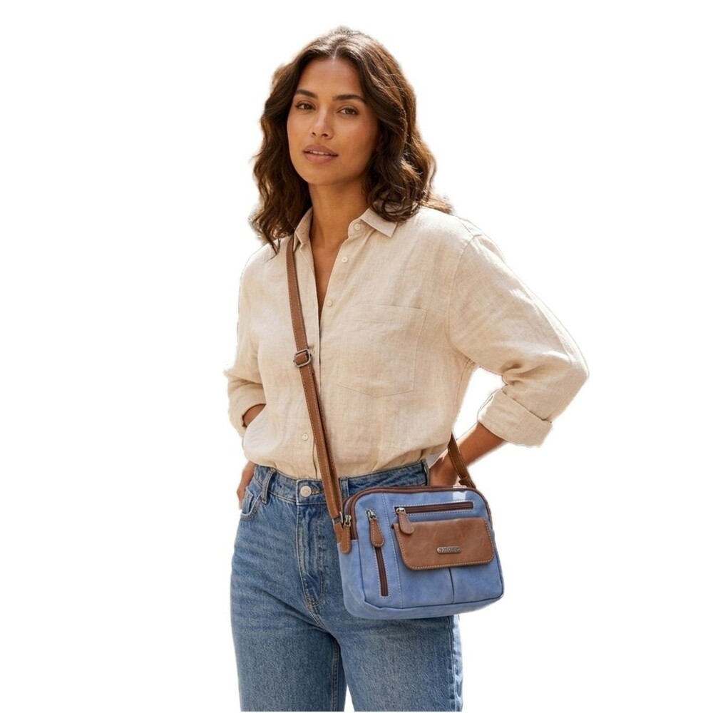MultiSac Blue and Tan Triple Compartment Crossbody